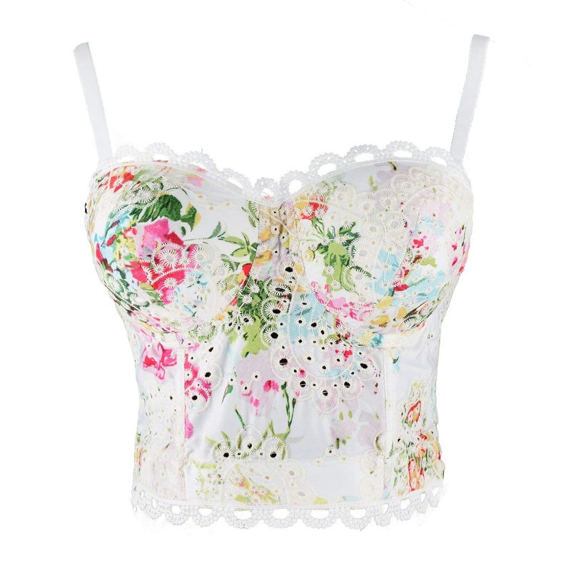 ELLACCI Women's Embroidery Floral Hollow Lace Bustier Crop Top Sexy Corset Bra Tops White Medium - Image 3